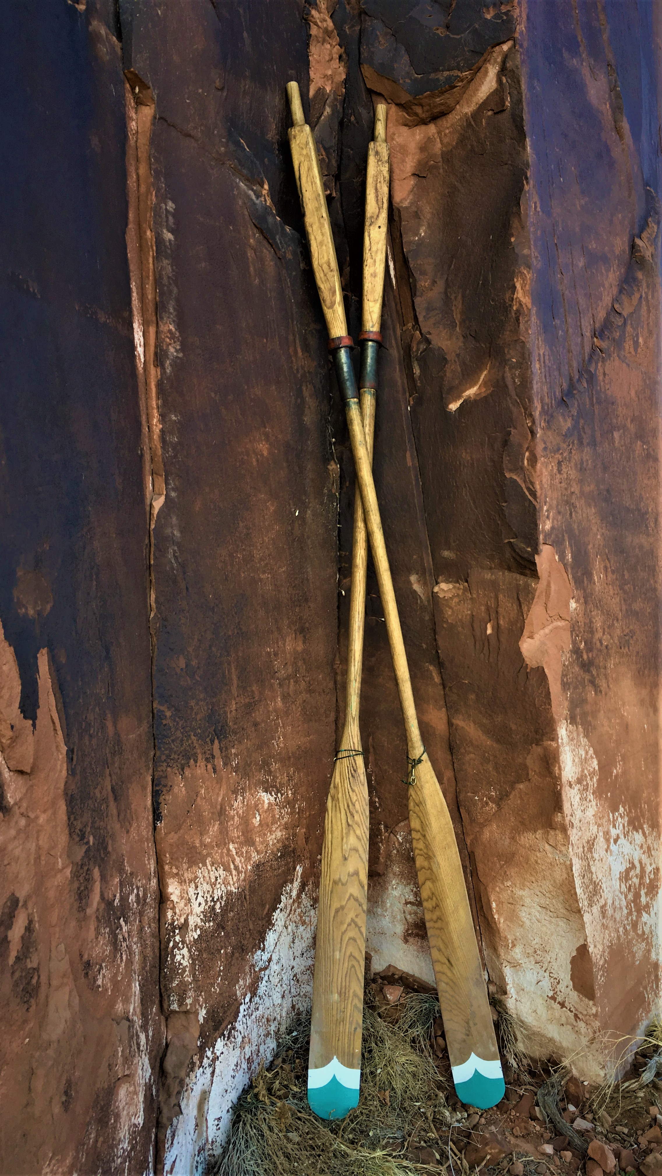 10' handcrafted ash oars for a wooden whitewater dory. Oars have bulky inboard square tops to add balance and strength. 