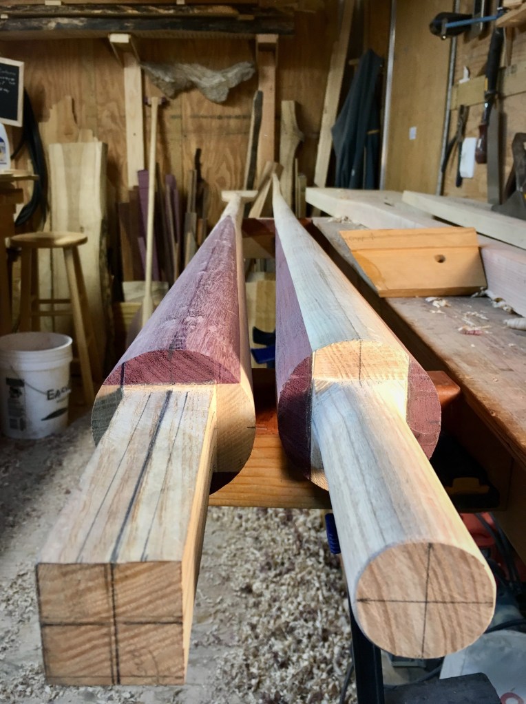 Wood oars made of purpleheart and ash being crafted in the Songbird oar-shop